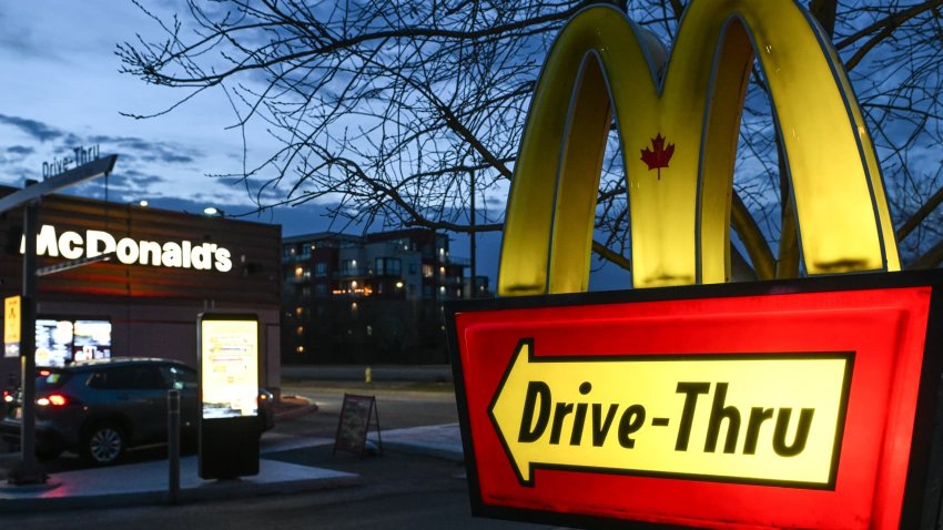 McDonald’s Drive Thru sign seen outside a McDonald’s fast food restaurant, in Edmonton, Alberta, on April 19, 2025.