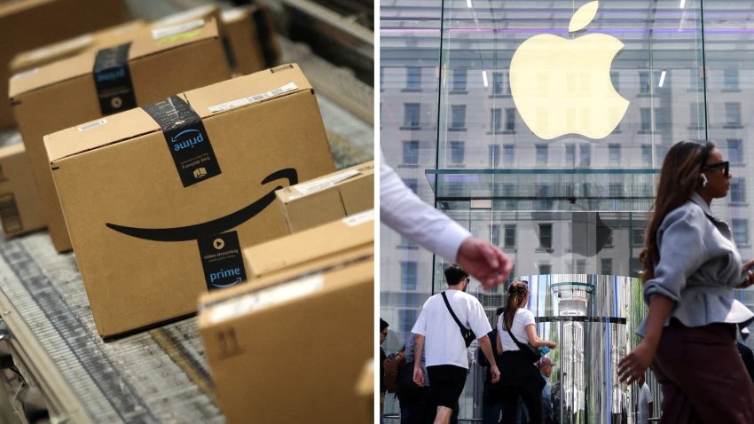 Amazon packages and an Apple store in New York City.