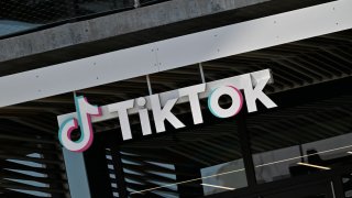 The TikTok logo is seen outside the Chinese video app company’s Los Angeles offices on April 4, 2025 in Culver City, California.