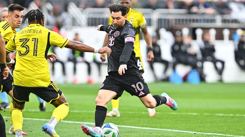 Lionel Messi #10 of Inter Miami shoots during the first half against the Columbus Crew at Huntington Bank Field on April 19, 2025 in Cleveland, Ohio. Miami defeated Columbus 1-0.