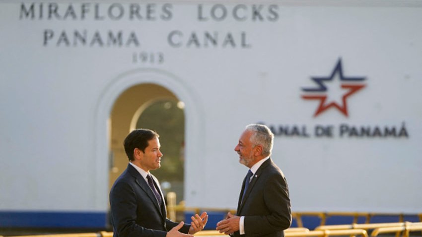 U.S. Secretary of State Marco Rubio (L) talks to Panama Canal Authority Administrator Ricaurte Vasquez during a tour at the Miraflores locks of the Panama Canal in Panama City on February 2, 2025.