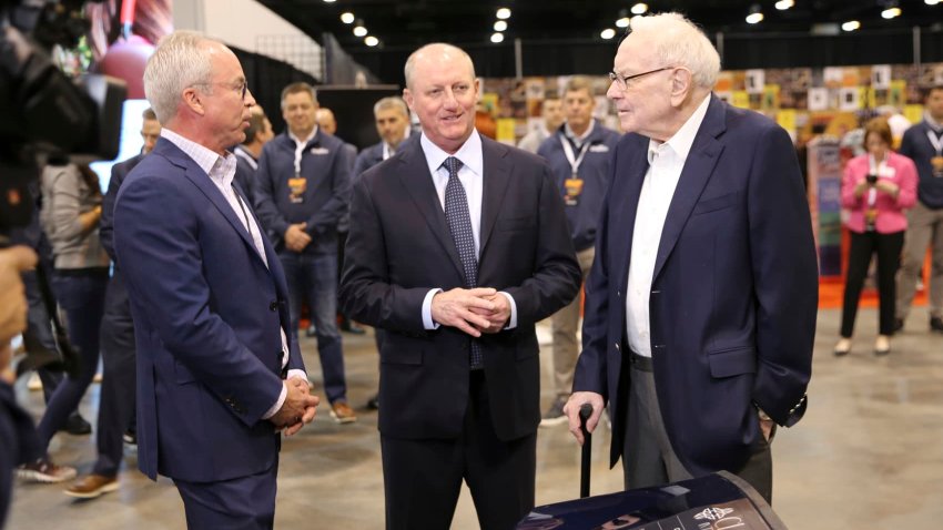 Warren Buffett and Greg Abel walkthrough the Berkshire Hathaway Annual Shareholders Meeting in Omaha, Nebraska on May 3, 2025.