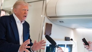 US President Donald Trump speaks with the media aboard Air Force One as he flies from West Palm Beach, Florida enroute to Joint Base Andrews in Maryland, on May 4, 2025 returning to the White House after spending the weekend in Florida.