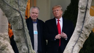 FILE PHOTO: U.S. President Donald Trump (R) stands with actor Jon Voight outside the Oval Office before departing from the South Lawn of the White House in Washington, DC on January 28, 2020.