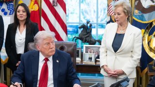 President Donald Trump signs executive orders relating to higher education institutions, alongside Secretary of Education Linda McMahon (R), in the Oval Office of the White House in Washington, DC, on April 23, 2025.