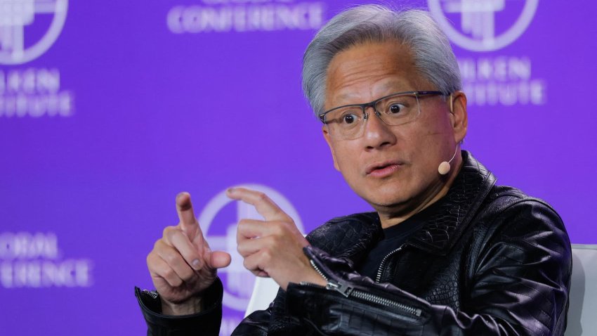 Founder and CEO at Nvidia Jensen Huang is interviewed by Chairman of the Milken Institute Michael Milken (not pictured) during the Milken Institute Global Conference 2025 in Beverly Hills, California, U.S., May 5, 2025.