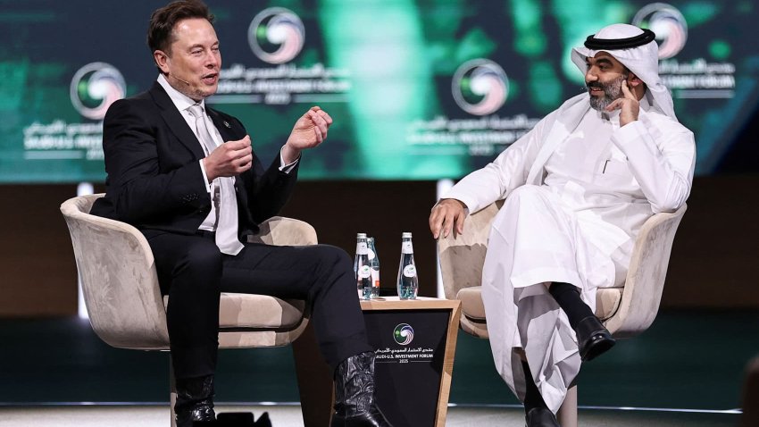 Tesla CEO Elon Musk speaks, as he sits with Saudi Minister of Communications and Information Technology Abdullah Alswaha, at the Saudi-U.S. Investment Forum, in Riyadh, Saudi Arabia, May 13, 2025.