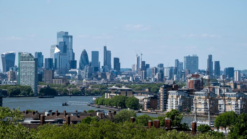 Skyline view of the City of London financial district from the viewpoint in Greenwich Park in London, United Kingdom.