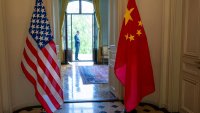 The U.S. and Chinese flags are seen on the day of a bilateral meeting between the U.S. and China, in Geneva, Switzerland, May 10, 2025.