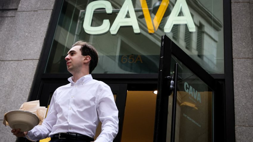 A customer exits a Cava restaurant in New York City on June 22, 2023.