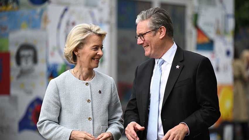 Britain’s Prime Minister Keir Starmer and European Commission president Ursula Von der Leyen at the European Political Community summit, in Tirana on May 16, 2025.
