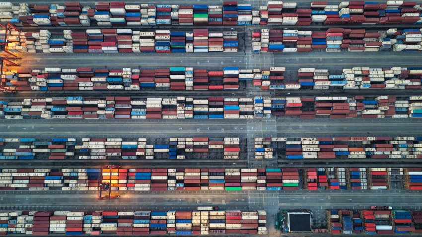 Containers pile up at Taicang Port Container Terminal in Suzhou City, Jiangsu Province, China, on May 18, 2025.