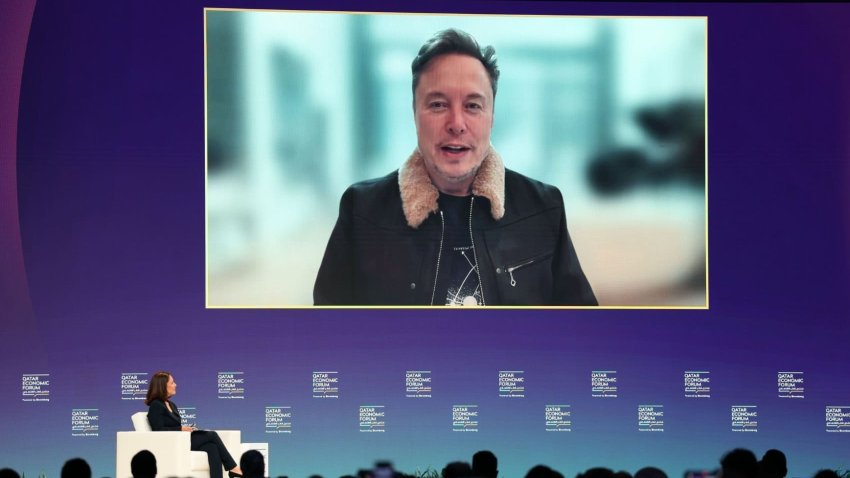 Elon MusK, chief executive officer of Tesla Inc., speaks via video link at the Qatar Economic Forum (QEF) in Doha, Qatar, on Tuesday, May 20, 2025.