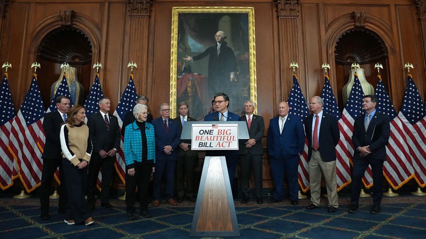 House Speaker Mike Johnson speaks to the media after the House narrowly passed a budget bill forwarding President Donald Trump’s agenda at the U.S. Capitol in Washington, May 22, 2025.