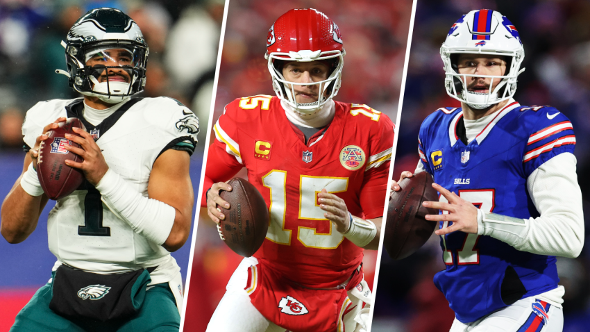 Split image of Jalen Hurts, Patrick Mahomes and Josh Allen