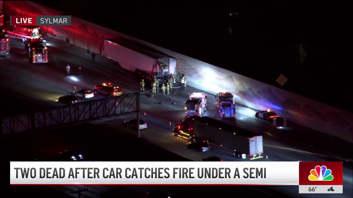 Two dead after car catches on fire under a semi truck in Sylmar – NBC ...