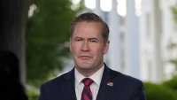 National Security Advisor Mike Waltz speaks during a television interview at the White House, Thursday, May 1, 2025, in Washington.