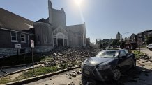 Part of Centennial Christian Church in St. Louis, Missouri, collapsed on Friday, May 16, 2025 when severe storms, including a possible tornado, swept through the city. (AP Photo/Michael Phillis)
