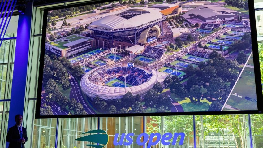 Brian Vahaly, Chairman of the Board and President of USTA speaks at a news conference announcing the redevelopment of Arthur Ashe Stadium and the USTA Billie Jean King National Tennis Center, Monday, May 19, 2025, in New York. (AP Photo/Stefan Jeremiah)