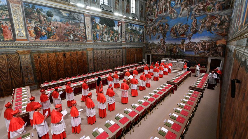 Cardinals arrive to attend the first day of the conclave to elect the successor of late Pope Francis inside the Sistine Chapel at the Vatican, Wednesday, May 7, 2025.