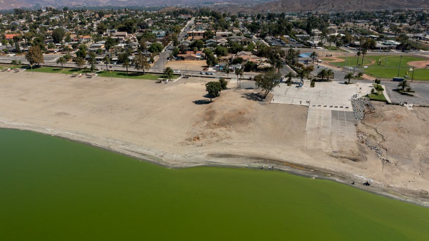 LAKE ELSINORE, CA – AUGUST 25: In an aerial view, green water is seen during a harmful algal bloom (HAB) of blue-green algae, also known as Cyanobacteria, at Lake Elsinore on August 25, 2022 in Lake Elsinore, California. The city has closed the lake to all activities, including fishing, swimming and boating, due to the danger of serious illness or death in humans and animals. Fueled especially by drought and hot weather, California is experiencing some of the worst HAB outbreaks in the nation with an increase of more than 464 percent outbreaks in the past five years.  (Photo by David McNew/Getty Images)