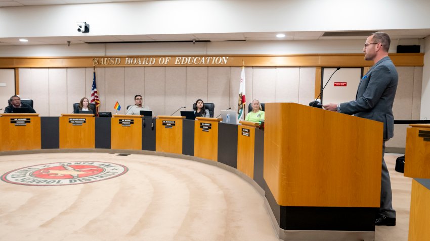 Santa Ana, CA – March 25: Teren Shaffer, president and CEO of the Orange County School of the Arts, right, speaks during public comments at the Santa Ana Unified School District Board meeting to protest SAUSD in Santa Ana on Tuesday, March 25, 2025. OCSA supporters protested SAUSD’s demand of $16 million from the school. (Photo by Leonard Ortiz/MediaNews Group/Orange County Register via Getty Images)