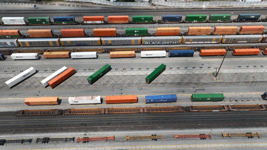 Commerce, CA – May 01: An aerial view of Commerce rail yard of trucks, trailers, containers, and trains moving goods in Commerce Thursday, May 1, 2025.  (Allen J. Schaben / Los Angeles Times via Getty Images)