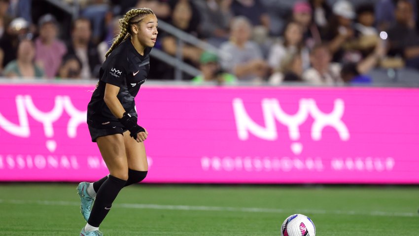 LOS ANGELES, CALIFORNIA – MAY 09: Savy King #3 of Angel City FC plays the ball during a 2-0 win over the Utah Royals at BMO Stadium on May 09, 2025 in Los Angeles, California. (Photo by Harry How/NWSL via Getty Images)