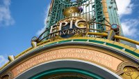 The entrance portal welcomes guests into Orlando’s newest theme park during a preview day for Universal Epic Universe on April 5. (Patrick Connolly/Orlando Sentinel/Tribune News Service via Getty Images)