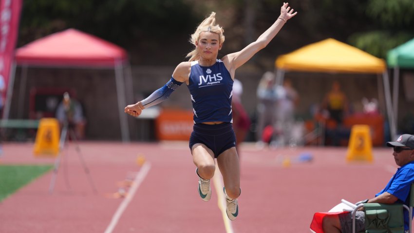 AB Hernandez of Jurupa Valley wins the girls long jump at 19-3 1/2 (5.88m) during the CIF Southern Section Masters Meet at Moorpark High School on May 24, 2025 in Moorpark.