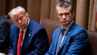 Washington, DC – April 10 : President Donald J Trump and Defense Secretary Pete Hegseth listen during a cabinet meeting at the White House on Thursday, April 10, 2025 in Washington, DC. (Photo by Jabin Botsford/The Washington Post via Getty Images)