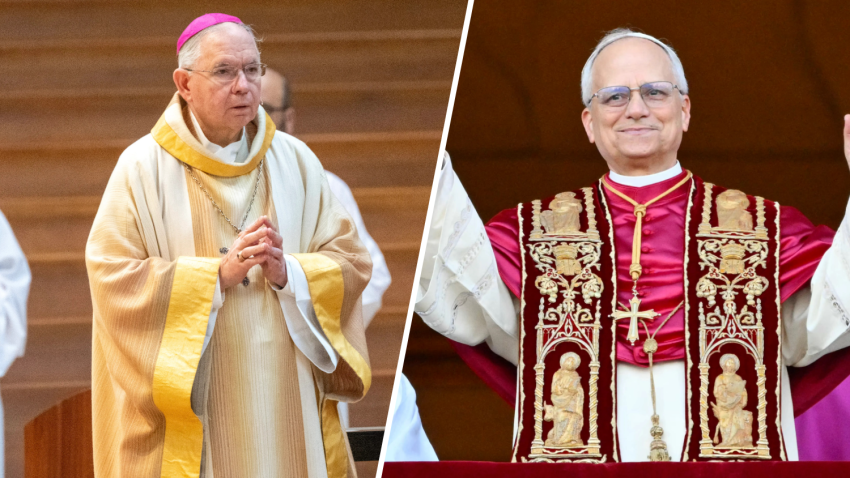 Los Angeles Archbishop Gomez (left) is pictured next to Pope Leo XIV.