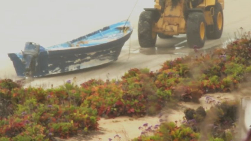 A boat is towed Monday May 5, 2025 on a beach in San Diego County.