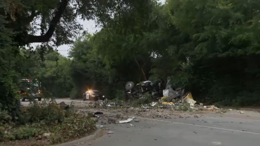 A big rig crashed through a freeway sound wall early Friday May 23, 2025 and left debris scattered on the road in Arcadia.
