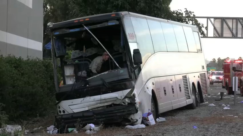 One person killed, two dozen others hurt in fiery crash involving bus in Hacienda Heights on Sunday, May 11, 2025.