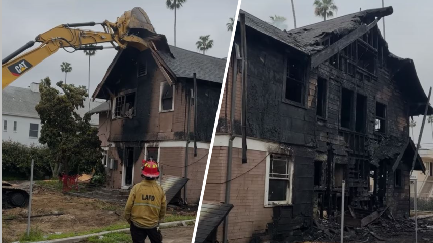 A burned house in Hollywood is demolished Thursday May 1, 2025.