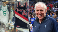 A photo of some pieces up for auction from Bill Walton’s collection next to a photo of Walton at a basketball game between the Los Angeles Clippers and the Phoenix Suns at Crypto.com Arena on April 20, 2023 in Los Angeles, California. (Photo by Allen Berezovsky/Getty Images)