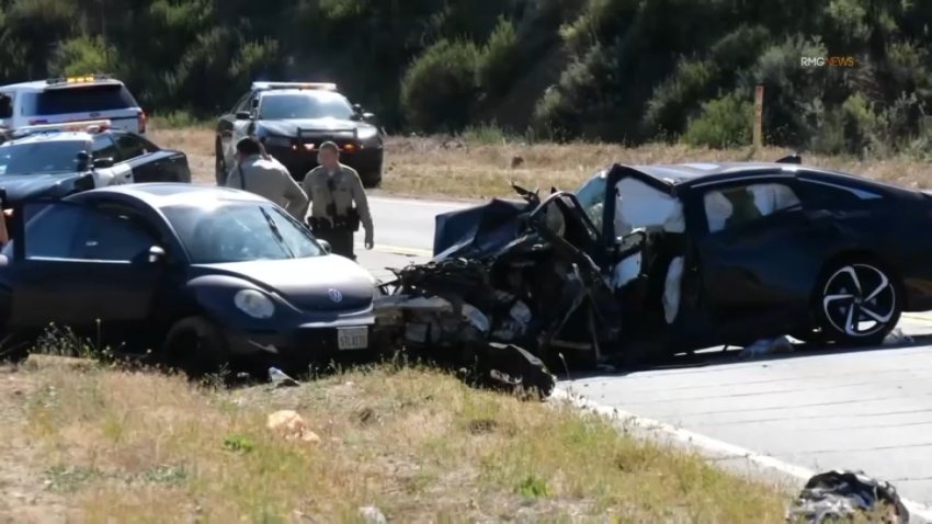 Law enforcement respond to a multi-vehicle crash that killed an LASD deputy near Santa Clarita on Monday, May 19, 2025.