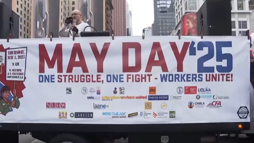 A May Day rally in downtown Los Angeles May 1, 2025.