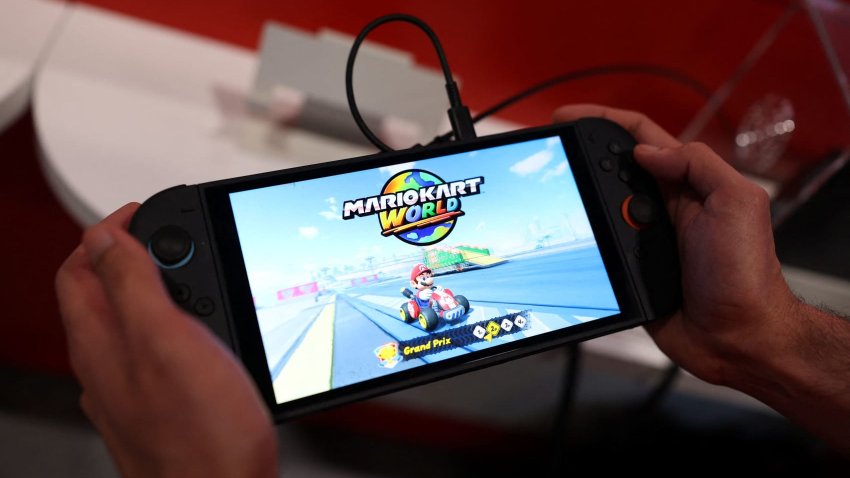 An attendee plays Mario Kart World by Nintendo Switch 2 during the Nintendo Switch 2 Experience at the ExCeL London international exhibition and convention centre in London, Britain, April 11, 2025.