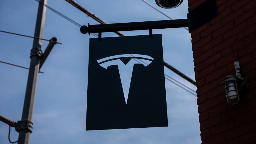 A Tesla car dealership stands on June 5, 2025 in the Brooklyn borough of New York City.