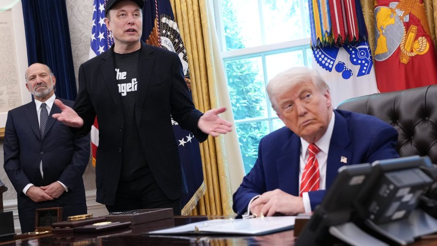 Tesla CEO Elon Musk speaks alongside U.S. President Donald Trump to reporters in the Oval Office of the White House on May 30, 2025 in Washington, DC.