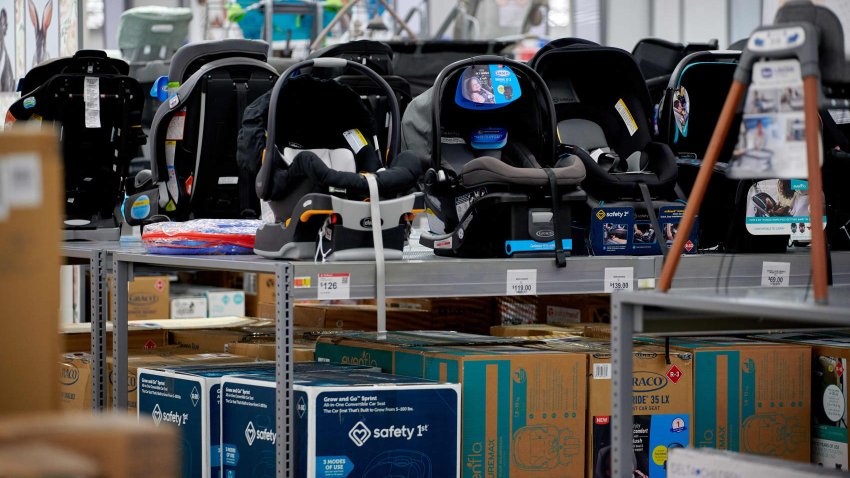 Baby car seat carriers for sale at a Walmart store in Secaucus, New Jersey, US, on Tuesday, March 5, 2024.