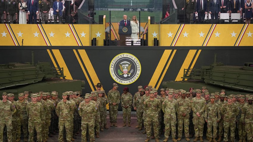 U.S. President Donald Trump and First Lady Melania Trump stand together at the end of the U.S Army parade on June 14, 2025 in Washington, DC.