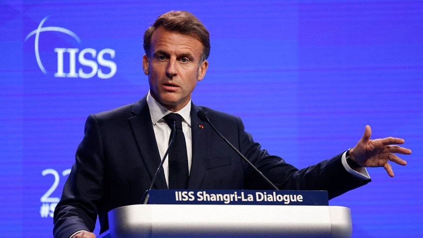France’s President Emmanuel Macron gives the keynote address at the Shangri-La Dialogue Summit in Singapore on May 30, 2025.