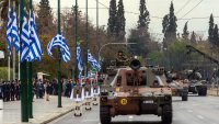Military vehicles are seen during a military parade commemorating the Greek Independence Day in Athens, Greece, on March 25, 2025.