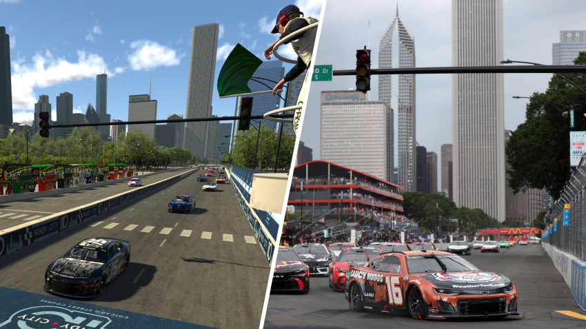 Split image of iRacing and the real-life NASCAR race in Chicago