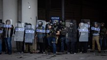 Los Angeles, CA - June 06: DHS police stand guard at the Metropolitan Detention Center as protesters gather in response to ICE raids in Los Angeles on Friday, June 6, 2025 in Los Angeles, CA. (Jason Armond / Los Angeles Times via Getty Images)