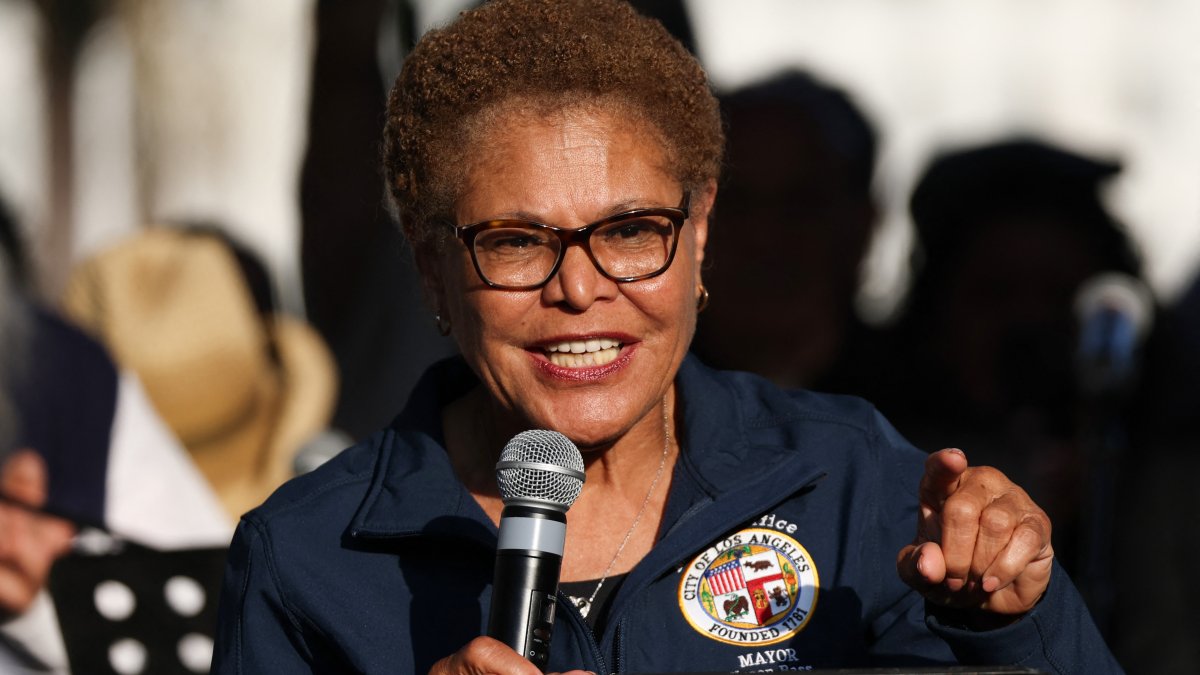 Los Angeles Mayor Karen Bass formally began her campaign for re-election on Saturday with a rally in downtown Los Angeles.