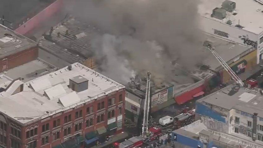 A fire June 19, 2025 in downtown Los Angeles.